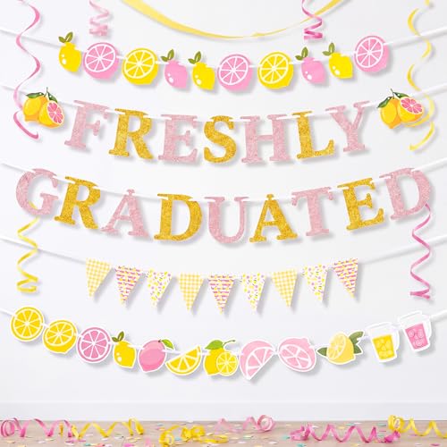 Eaasty 5 Pcs 2026 Graduation Lemonade Bar Decoration Freshly Graduated Pink Yellow Lemon Banner for Lemonade Bar 2026 Congrats Grad Graduate Party Supplies Photo Booth Props (Cute Lemon)