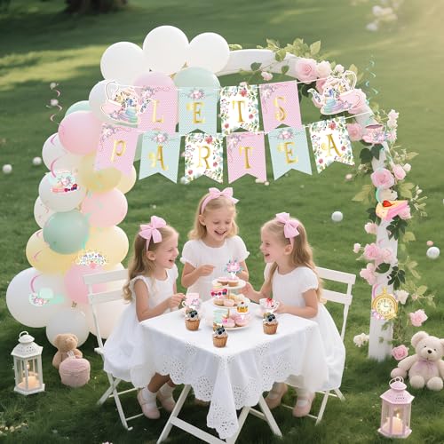 Frugtfrit 47Pcs Tea Party Decorations Set Floral Garden Party Decor with Balloon Arch, Banner, Cake Toppers, Hanging Swirls for Birthday, Bridal Shower, Baby Shower