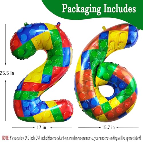 Image of 32 Inch Building Block Number 26 Balloons birthday Block Themed Large Big Helium Foil Mylar Balloon for Girls Boys Birthday Party Decoration Supplies