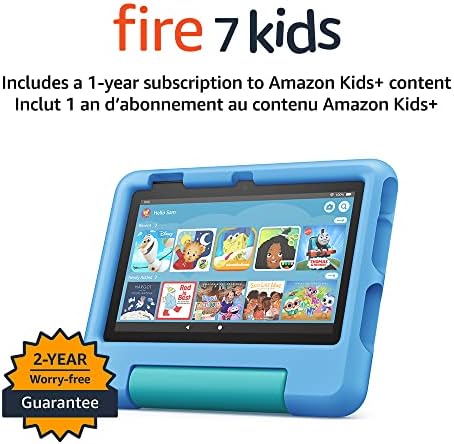 Amazon Fire 7 Kids tablet, 7″ display, ages 3-7, with ad-free content kids love, 2-year worry-free guarantee, parental controls, 16 GB, (2022 release), Blue