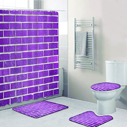 Duschvorhang Lila Beige Badezimmerteppich 4-Teiliges Set, Duschvorhang 180x180 Polyester+Badematte rutschfeste(45x75)+U…