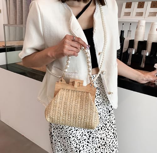 Trendy Crossbody Bag For Women Shelled Clutch Purse Exquisite Straw Shoulder Bag with Pearls and Wood Accents Wedding 20254