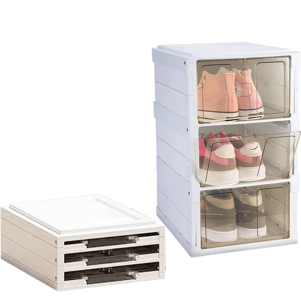 Shoe Organizer，Foldable Shoe Storage Cabinet ，3 Tier Installation-free Stackable Shoe Box，Dust-proof Shoe Storage Box with Transparent Door for Sneaker, Heels (3 Tier)