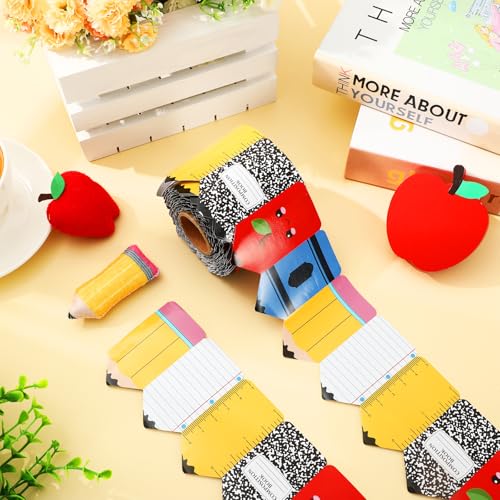 Image of Whaline 65.6Ft Back to School Pencil Bulletin Board Border Composition Notebook Apples Crayon Die Cut Trim Border Roll for First Day of School Classroom Office Chalkboard Decor