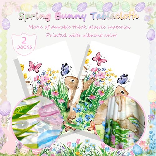 Image of OQOQ Easter Bunny Tablecloth (2 Packs) - 108x54 inches Easter Party Decorations Disposable Plastic Rabbit Table Cloths for Kids Birthday Party Spring Picnic Holiday Table Decor