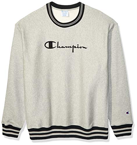 Champion LIFE Men's Reverse Weave Stripe Rib Trim Crew, Oxford Grey/Black, XX-Large