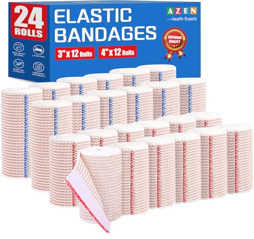 AZEN Premium 24 Pack Elastic Bandage Wrap (4x3, 4x4), Compression Wrap Bandage for Legs, Ankle, Knee, Tummy, Body, Latex-Free, Lymphedema Wraps for Legs