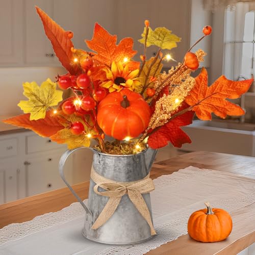 [Light & Timer] Fall Decor Table Centerpiece Rustic Metal Milk Jug with Artificial Orange Maple Tree Pumpkin Sunflower Wheat Fall Floral Arrangement Decoration for Home Kitchen Autumn Thanksgiving