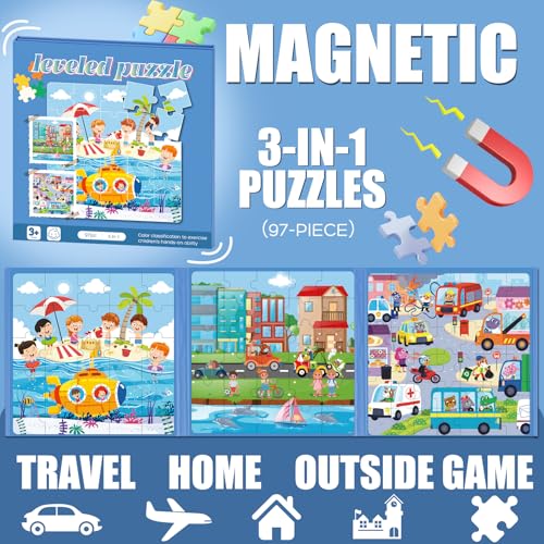Image of Magnetic Puzzles for Toddlers 3-5 Toddler Puzzle Travel Toys (Traffic) | Jigsaw Puzzles for Kids 97-Pieces Travel Toys Transportation Puzzles Ages 4-6 Road Car Trip & Airplane Activity