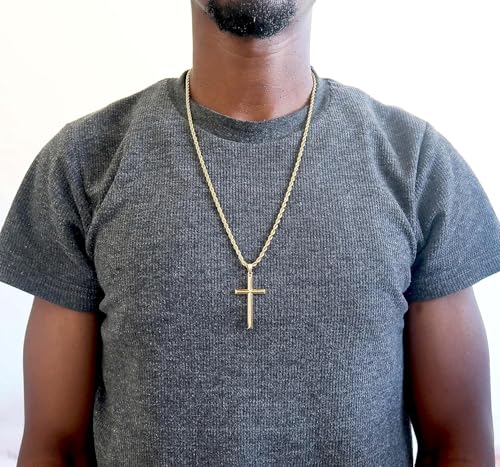 18K Gold Rope Chain Style Cross Pendant Necklace 3MM Cross Necklace Clasp for MEN, HUSBAND Thin for Charms Miami Cuban Link Diamond Cut Religious Beveled Edge4