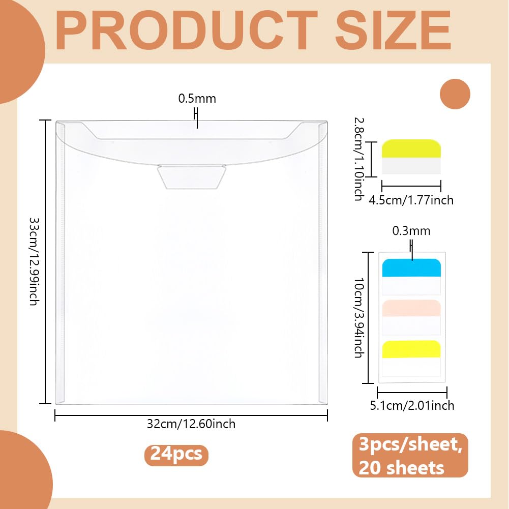 BENECREAT 24 Pcs Organisateur de Rangement pour Papier Scrapbooking Pochette Transparente de Rangement pour Documents de 33x32cm avec 60 étiquettes Autocollantes pour Albums de Scrapbooking Photos