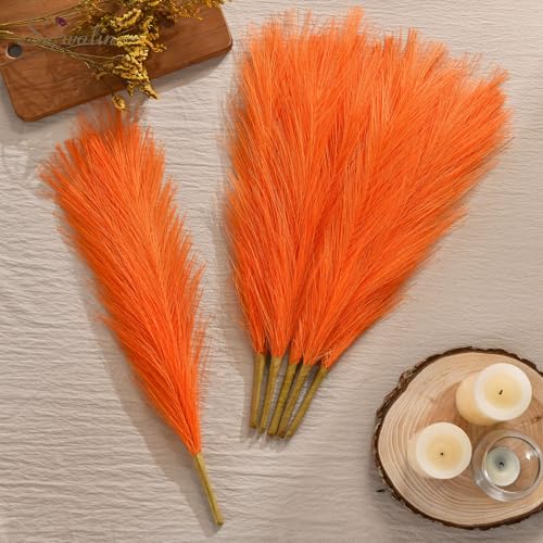 Serwalin Faux Orange Pampas Grass 6Pcs, 17.7" Pampas Grass Stems Fall Vibe Home Decor, Artificial Flower Pampas Grass Bobo Home Kitchen Table Centerpieces, Pampas DIY Floral Arrangements - Image 3