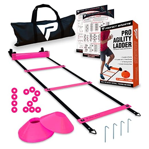Pro Agility Ladder and Cones - 15 ft Fixed-Rung Speed Ladder with 12 Disc Cones for Soccer, Football, Sports, Exercise, Workout, Footwork Training - Includes 4 Stakes and Heavy Duty Carry Bag (Pink)