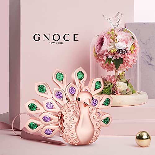 GNOCE "New Beginning And Eternal Life Rose Gold Plated Gorgeous Peafowl Charm With Emerald And Amethyst Stones 925 Sterling Silver Peacock Bead Charm Pendent Crystal Fit Snake Chain Bracelet Necklace2