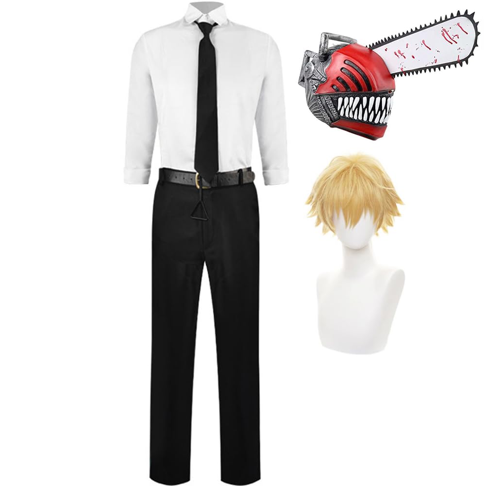 Zhongkaihua Anime Denji Cosplay Outfit with Wig and Mask Full Halloween Costume Men's Uniform Shirt, Pants Anime Roleplay Fancy Costume