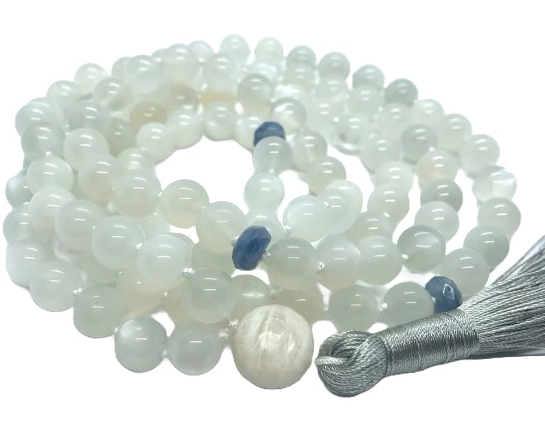 Naturalny biały błyszczący mleczny kamień księżycowy, cyjanit 8–12 mm 108 koralików mala, duchowe, koraliki do medytacji, Reiki, Japa Mala, buddyjskie koraliki modlitewne, bransoletka do jogi,