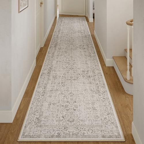 Gray Runner Rug 3x12 Hallway Machine Washable Kitchen Vintage Distressed Non Slip Long Carpet Indoor Grey Retro Floral Bedroom Accent Throw Rug for Bathroom Office Laundry Dining Living Room