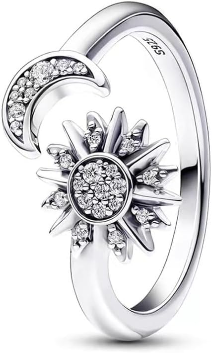 TOFBS Bague Soleil Lune S925 Argent Céleste Étoilé Motif Astral Bijou Cosmique Anneau Ajustable Zircon Brillant