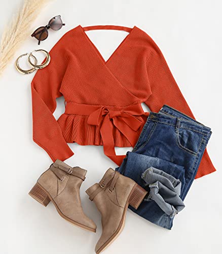 Image of ZESICA Women's Fall 2026 Wrap V Neck Long Batwing Sleeve Belted Waist Ruffle Knitted Sweater Pullover Top