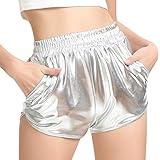 Vectry Shorts Damen Hosen Sommer Hotpants Bermuda Ultra JeansLeggings Strand Running Gym Yoga Der Sporthosen Schlafanzughosen - Leather Mid Waist Loose Drawstring Waist Ringer (M, Silber 1)