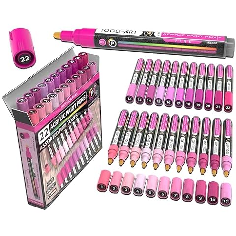 22 Acrylic Paint Markers Paint Pens Pink Pro Color Series Set 3mm Medium Tip for Rock Painting, Glass, Mugs, Wood, Metal, Glass Paint, Plastic, Canvas, DIY. Non Toxic, Waterbased, Quick Drying Cover