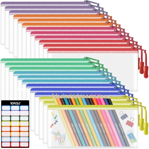 Image of 24pcs Mesh Zipper Pouch Bags 9.3 x 4.7 Inches, 8 Color Small Clear Pouches Bulk, Travel Cosmetics Organization, Classroom and Office Supplies