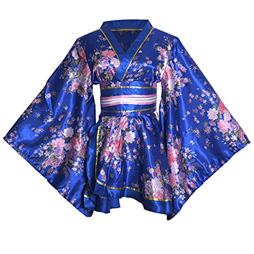 HUAHUA Sexy kurzes Kimono-Kleid für Damen, Blumendruck, japanischer traditioneller Geisha-Bademantel, Rock, Gürtel, Outfit, D02, Königsblau, Einheitsgröße