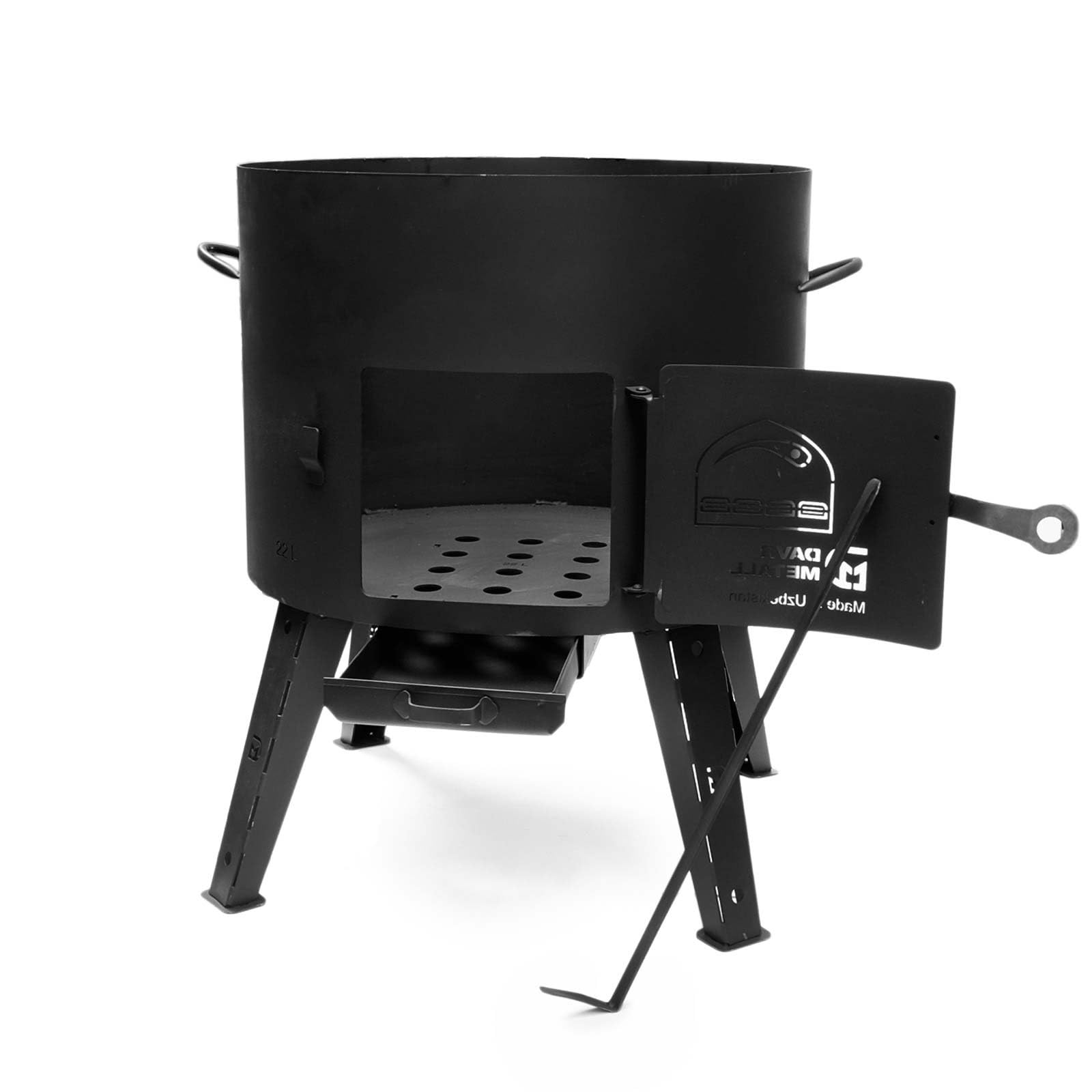 Uchag Ø49 Uchag 2 mm de acero Uchak con tubo de extracción, 22 l, compartimentos para barbacoa, cucharón de espuma, cucharón de sopa, cucharón de sopa, Utschak Utschag Kazan, cocina de campo, cocina