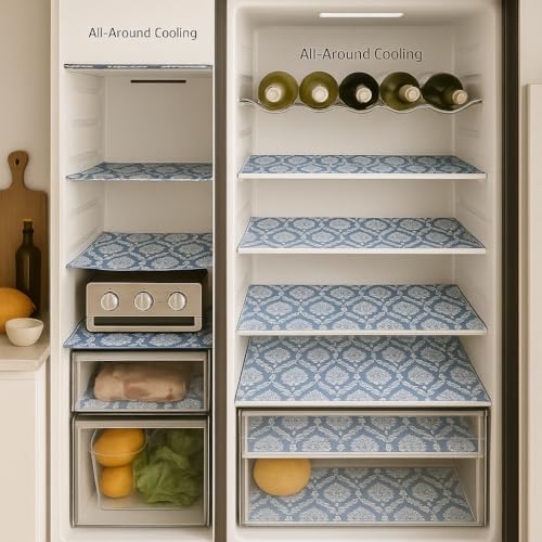 Image of Side-by-Side Door Fridge Shelf Liners Set: Mats for Refrigerator and Freezer Sections -Machine Washable Liners for Glass Shelves, Drawers, Trays Refrigerator Accessories, Pack of 22(Frosted Florals)