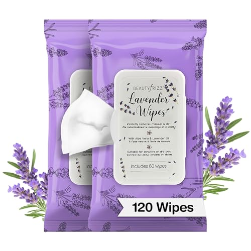 beautyfrizz lavender face wipes - 120 pcs - gentle makeup remover wipes for women - facial cleansing wipe with aloe castor vitamin a and e - extra soft - moisturizing