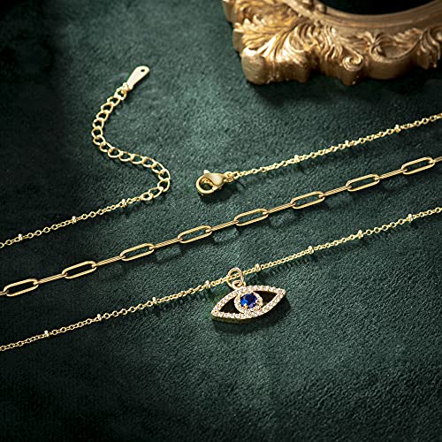 PPJew Layered Evil Eye Necklaces for Women 18K Gold Plated Dainty Chocker Necklace Delicate Jewelry Gift for Women Girls（Gold/Silver）4