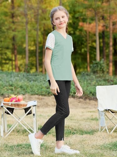 Image of GORLYA Girls Lace Sheer Sleeve Contrast T-Shirt Short Sleeve V Neck Casual Modest Tee Tops for 6-16Y