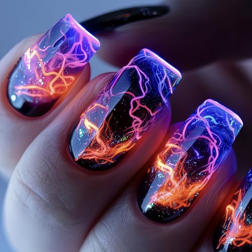 Press on Nails Medium Square Aurora Blue Lightning Stripe Smudge Design False Nails Artificial Nails Full Cover Nails Acrylic Coffin Nails Reusable Glue on Nails DIY Stick on Nails for Women 24Pcs