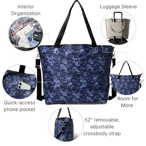 Large Carryall Tote Bag for Women - Lightweight Nylon Zipper Top Weekender Travel Beach Bag Personal Item w/Luggage Sleeve3