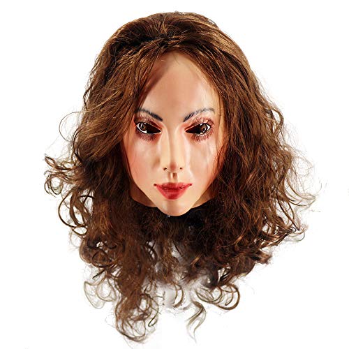 Realistic Latex Female Mask Celebrity Woman Face Mask with Wig Halloween Crossdressing Costume Party