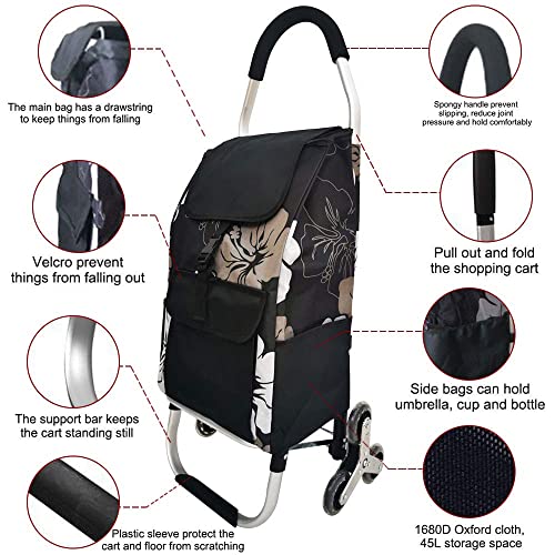 Zusammenklappbarer Treppensteiger-Einkaufstrolley mit 6 Rädern, abnehmbare Tasche, verstellbare Schnur, 2 zusätzliche Taschen, 50 kg Kapazität, 45 l, leichter Einkaufswagen – Bild 3