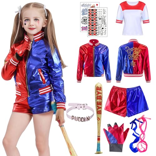Maryparty Disfraz de Quinn para Niñas Mujer, Disfraz de Cosplay Suicide Squad Halloween Carnaval Camiseta Pantalones Chaqueta y Guante, Guantes, Bate Inflable (Niña, 120)