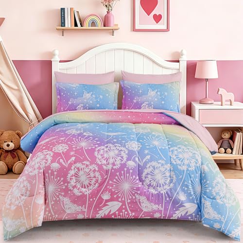 Image of Dinjoy Girls Comforter Set 5 Pieces, Twin Size Colorful Ombre Rainbow Bedding Set, Bed in A Bag for Kid Teen Girls (1 Comforter, 1 Flat Sheet, 1 Fitted Sheet, 1 Pillow Shams, 1 Pillowcases)