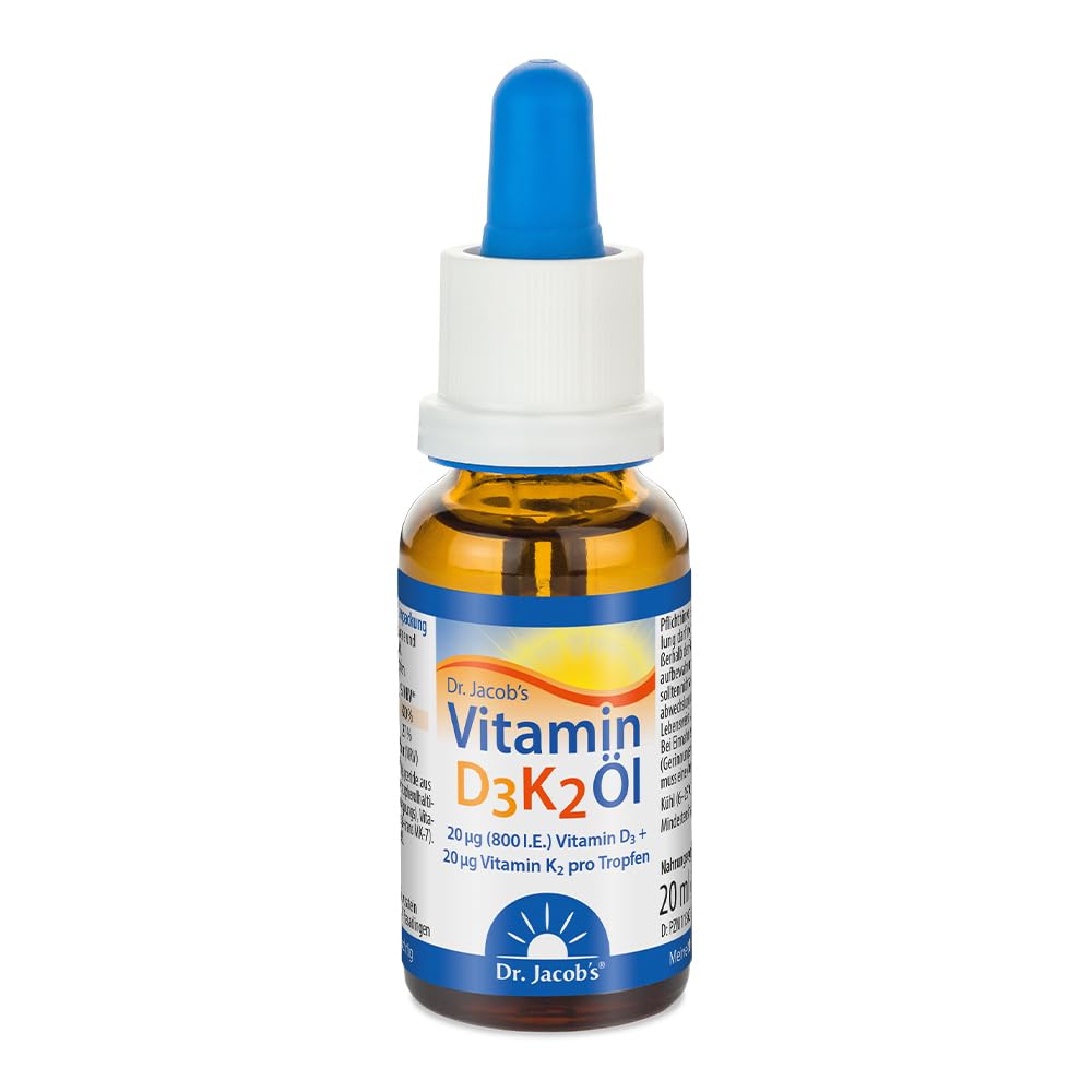 Dr. Jacob's Vitamin D3 K2 Öl (20 ml) – 800 I.E. Vitamin D3 + 20 µg K2 (MK-7) pro Tropfen | Hohe Bioverfügbarkeit | Für Knochen & Immunsystem* | Vegetarisch | 640 Tropfen