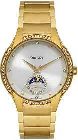 Relógio Feminino, Dourado, Cristais Decorativos, Mostrador Prateado com Lua, FGSS0204