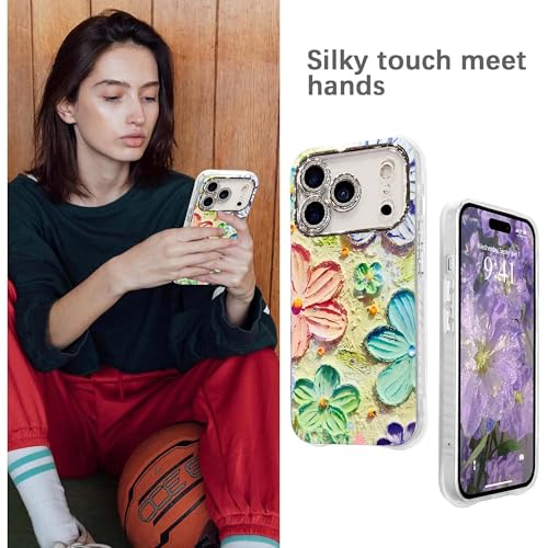 Image of Elzzi Compatible with iPhone 17 Pro Max Case Oil Painting Flower Colorful with Lens Prtotection Shockproof PC+TPU Glossy Back Cover for Girls Women, Pink