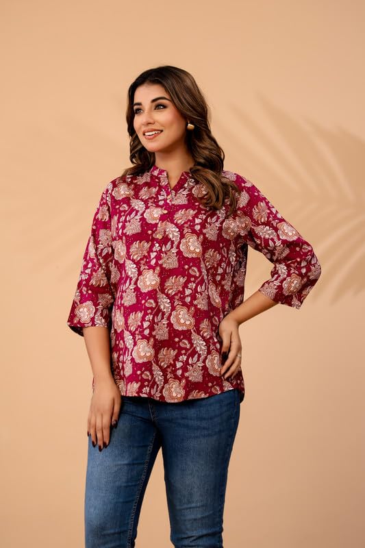 Image of Women's Cotton Printed Kurta Top | 3 /4 Sleeve Straight Kurti Casual Outings