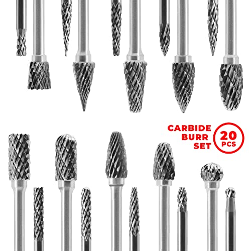 Image of Tungsten Carbide Burr Set 1 /8 (3 mm) Shank, Die Grinder Bits, 20 PC Cutting Burr Bits for Dremel, Double Cut Rotary Burr Set for Metall Carving, Engraving, Drilling, Polishing