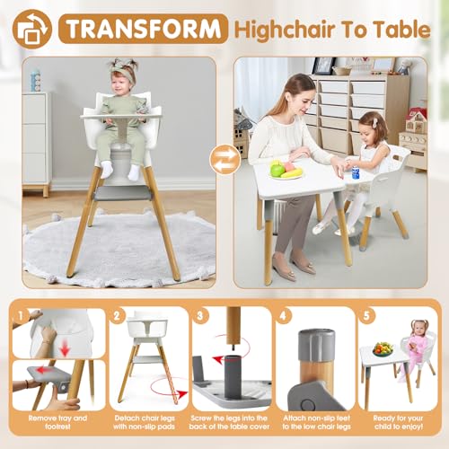 6-in-1 Baby High Chair, Convertible Highchair for Babies & Toddlers, Adjustable Table & Chair Set, Beech Wooden Baby Chair with Removable Tray & Footrest (White) - Image 4