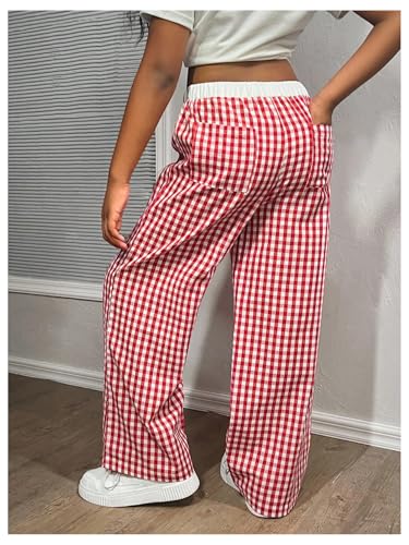 Verdusa Girl's Preppy Gingham Plaid Track Pants Y2K Straight Leg Loose Trousers with Pockets2
