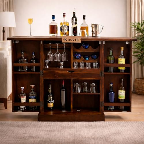 Image of Handcrafted Wooden Bar Cabinet | Traditional Indian Artisan Made Home Bar Furniture with Wine Rack & Storage Drawer | Walnut Finish