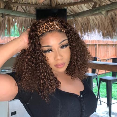 Image of Punmasa Headband Wig Human Hair Deep Wave Chocolate Brown Headband Wigs for black women Glueless Wigs Human Hair Machine Made 150% Density headband wig human hair with Headbands (12Inch)