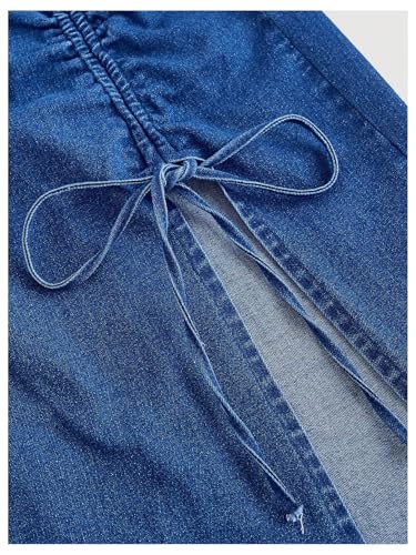 WDIRARA Women's High Waisted Drawstring Split Thigh Bodycon Midi Denim Skirt4