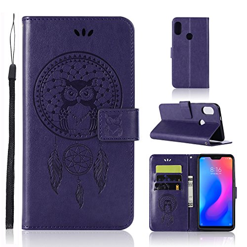 Zchen Funda Xiaomi Redmi Note 6 Pro, Funda Piel con tapa Suave TPU y Cuero de PU Tipo Libro Billetera Resistente los Golpes Carcasa para Xiaomi Redmi Note 6 Pro 6.26' (Atrapasueños Búho-Morado Oscuro)