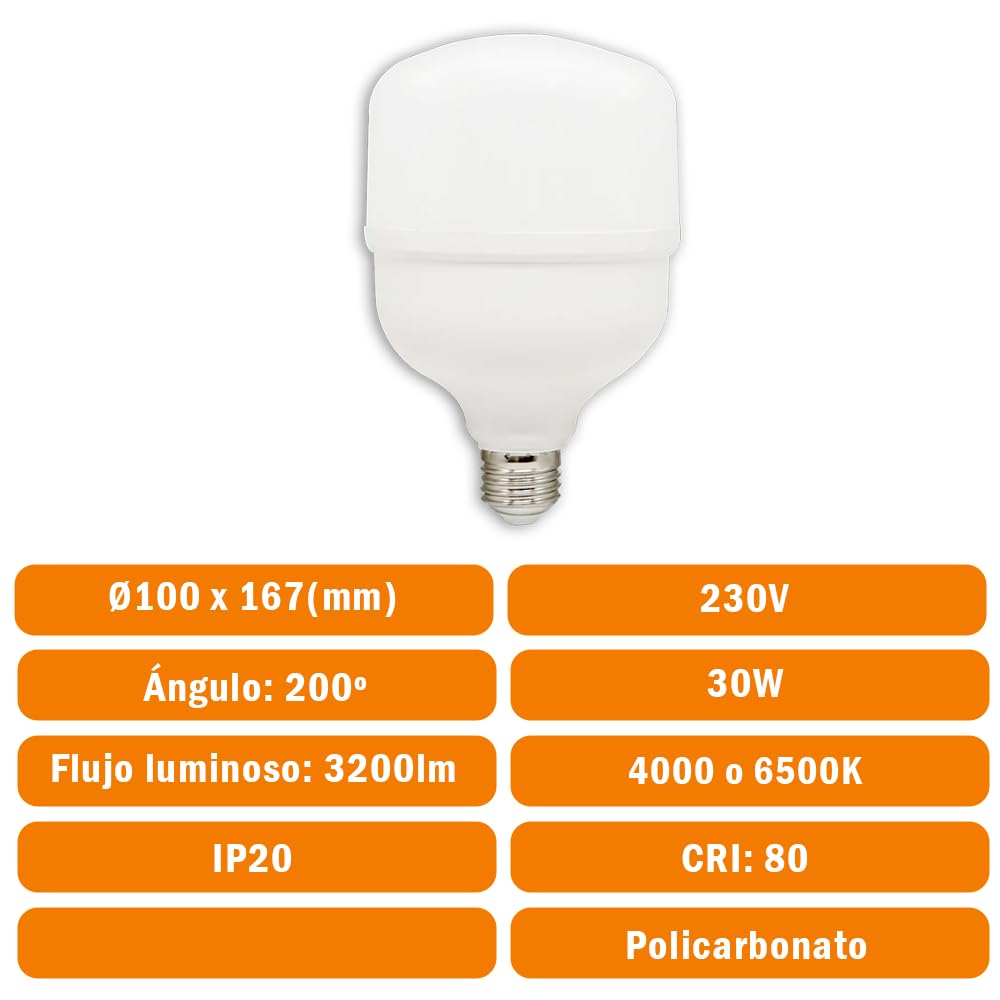 Genérico Bombilla LED E27 T100 30W 230V Ø100x167mm 3200lm 200° Blanco Policarbonato 4000K o 6500K (10 Unidades, 6500K)